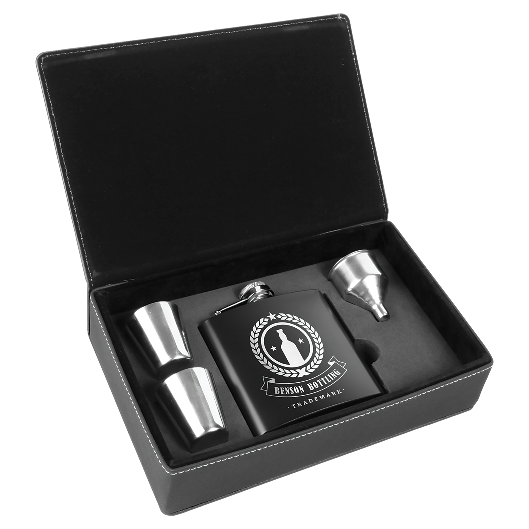 Customizable 6 oz. Flask Set in Laserable Leatherette Box