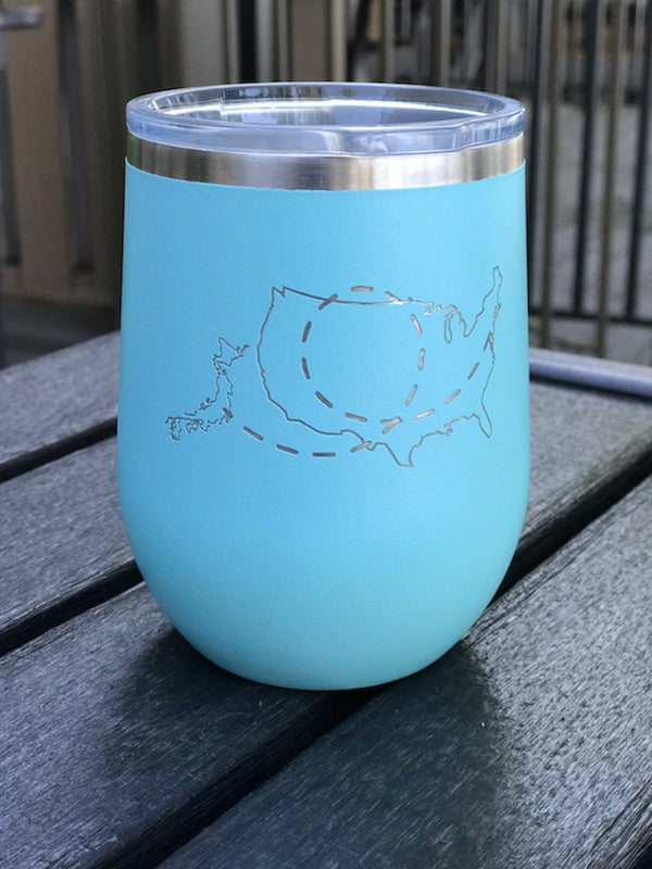 Never Too Far. . . Laser Engraved Stemless Powdercoated Wineglass